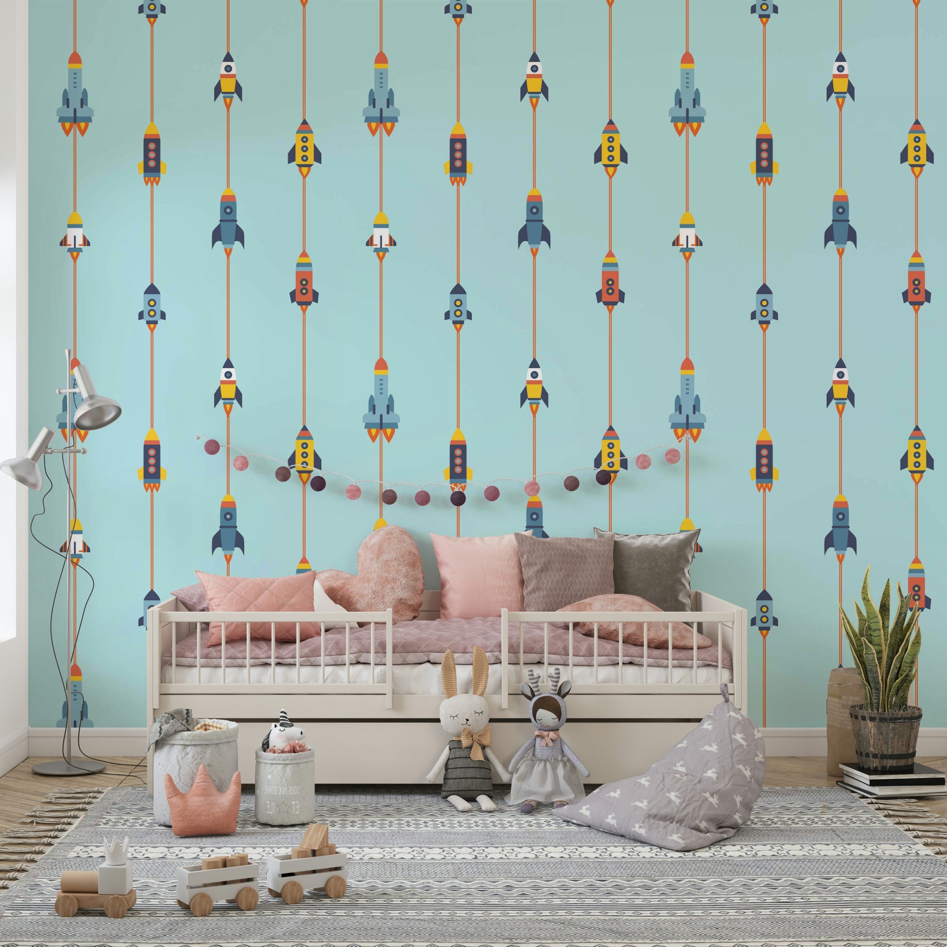 The mural extends across the entire wall, creating a clean backdrop.

