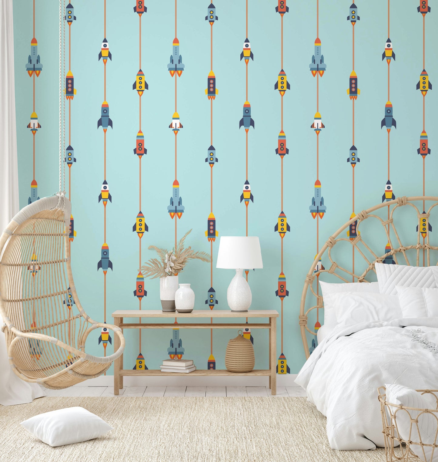 The image shows a repeating design with spaceships and rockets.

