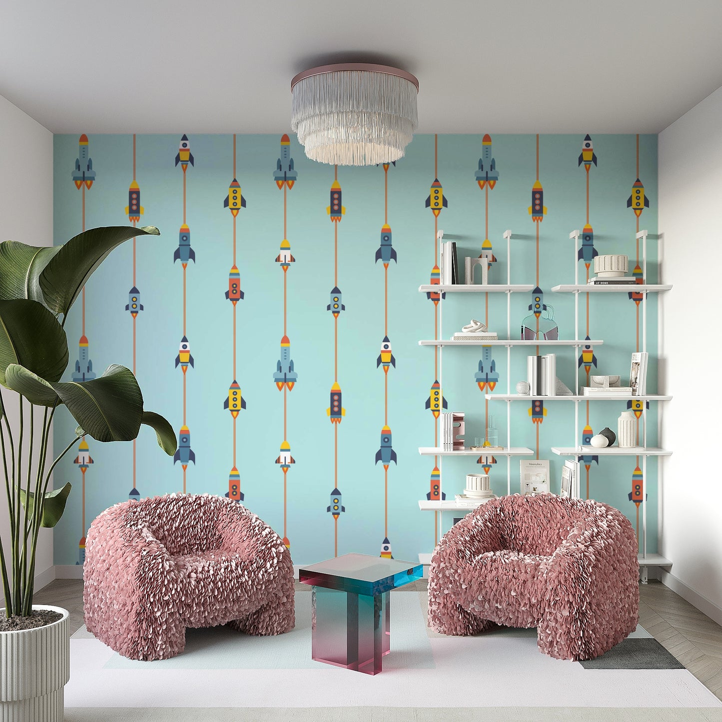 The wallpaper is installed in a modern, eclectic living room.

