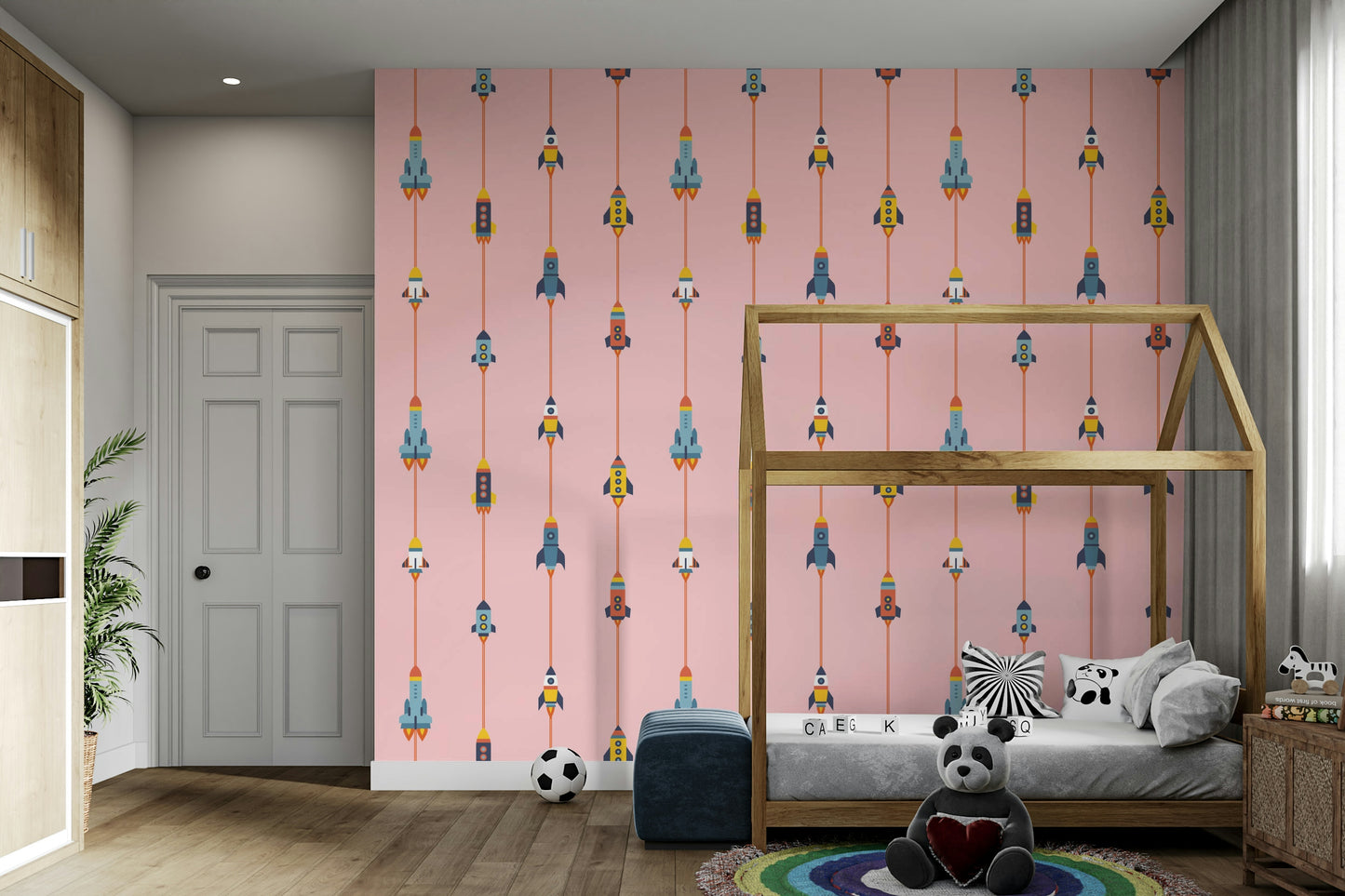 The wallpaper is installed in a modern, eclectic living room.

