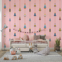 The colors are bold and retro, with various shades on a pink background.

