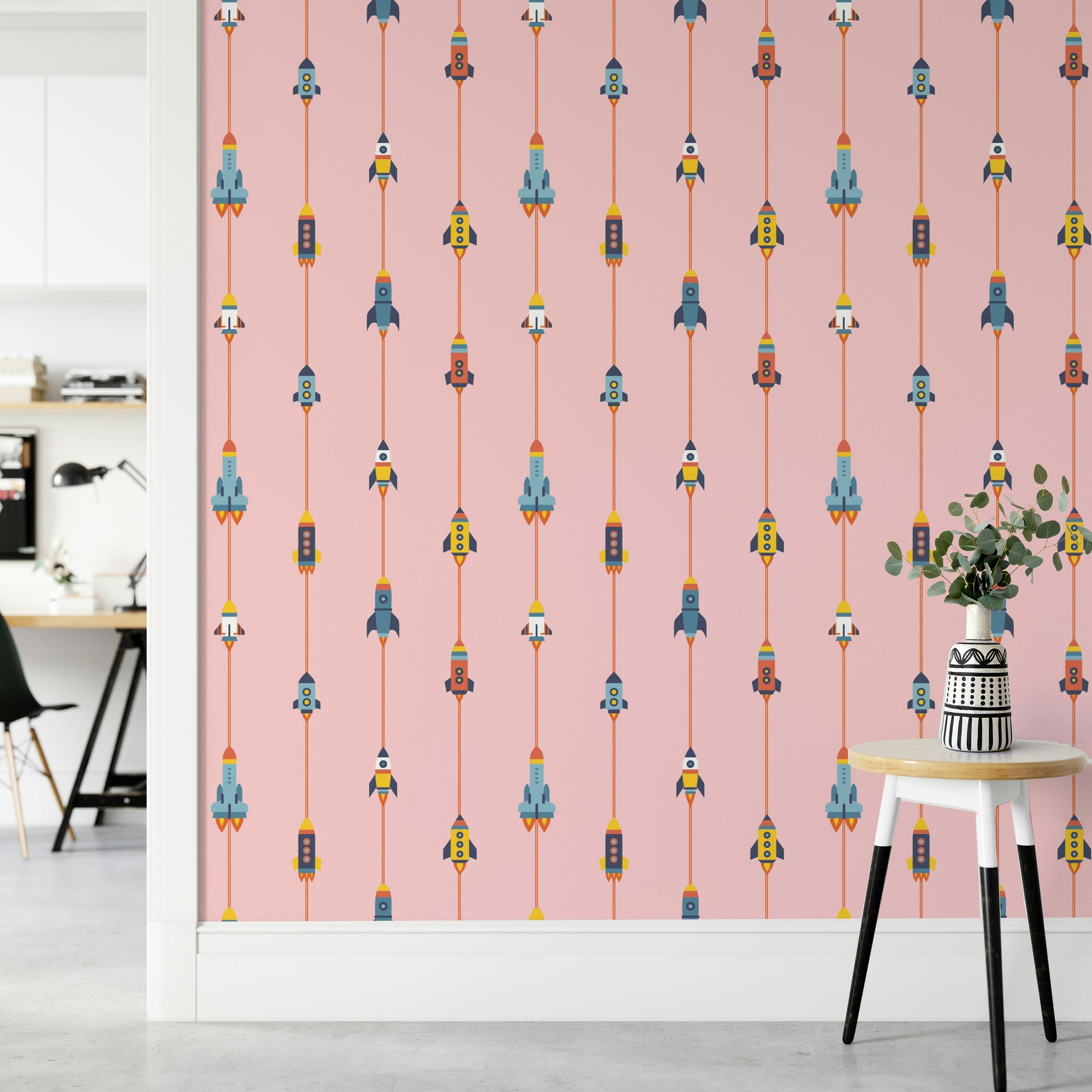 The mural extends across the entire wall, creating a clean backdrop.

