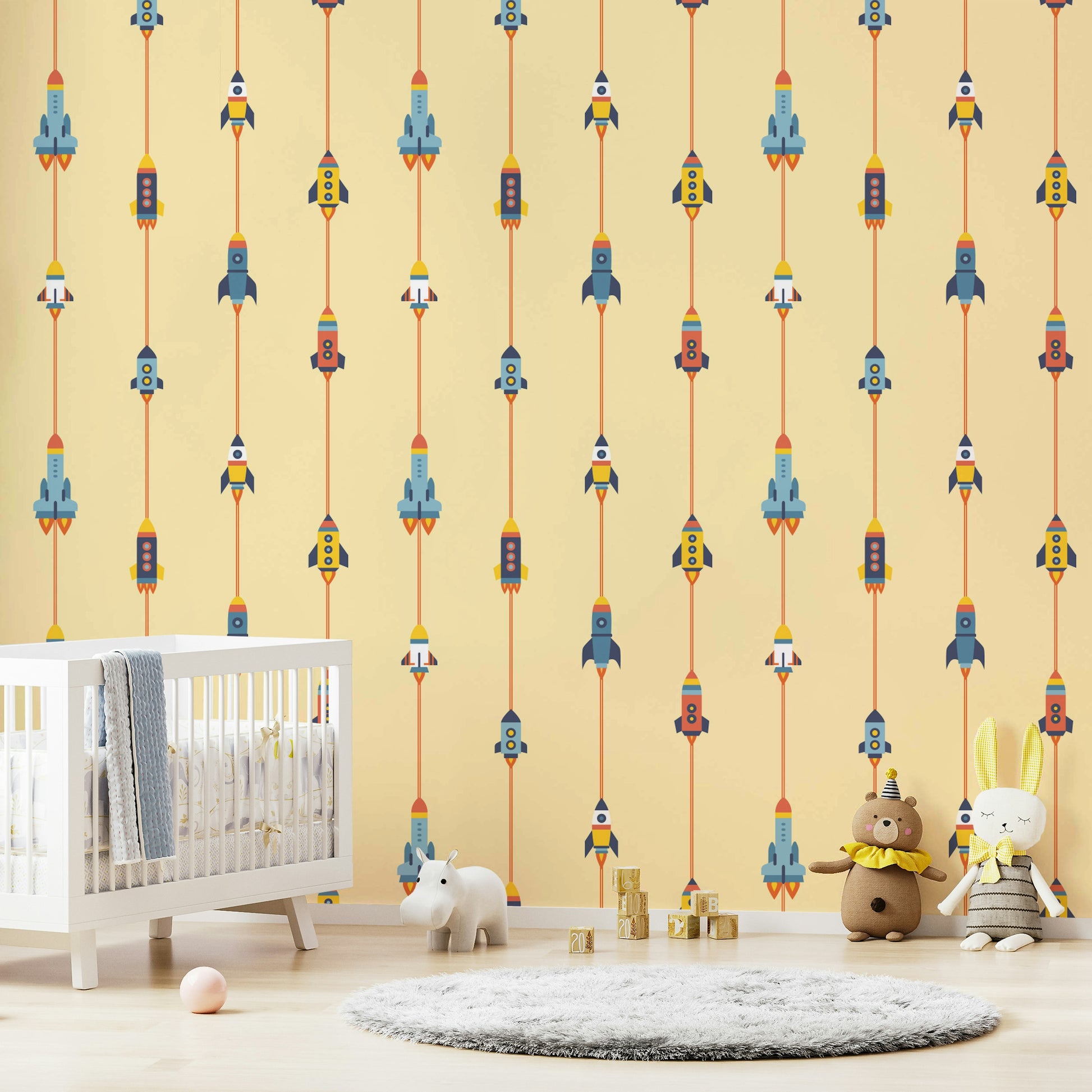 The colors are bold and retro, with various shades on a yellow background.

