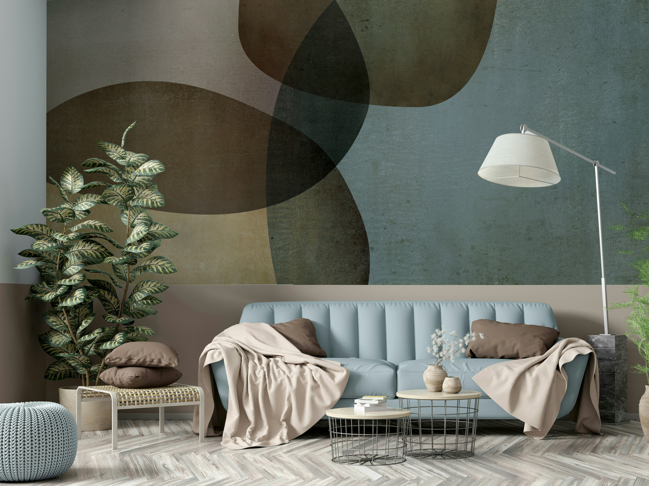 An elegant wall mural with a soft abstract design.

