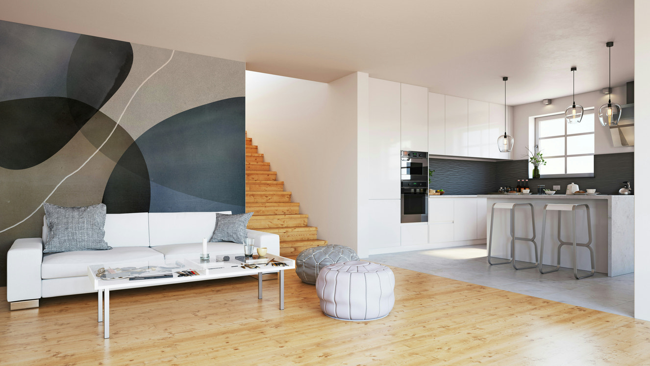 An elegant wall mural with a soft abstract design.

