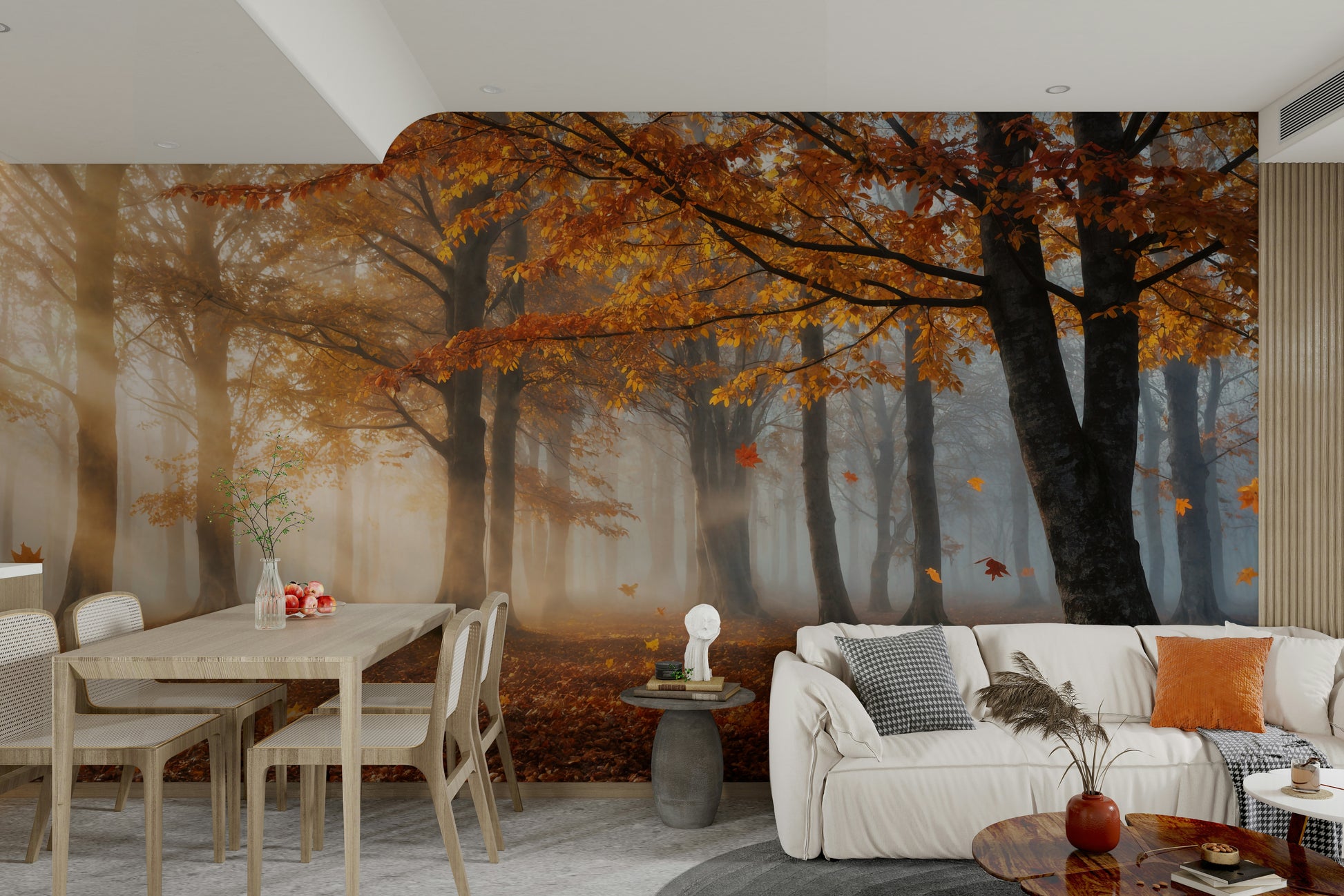 A still body of water or canal runs through the forest.

