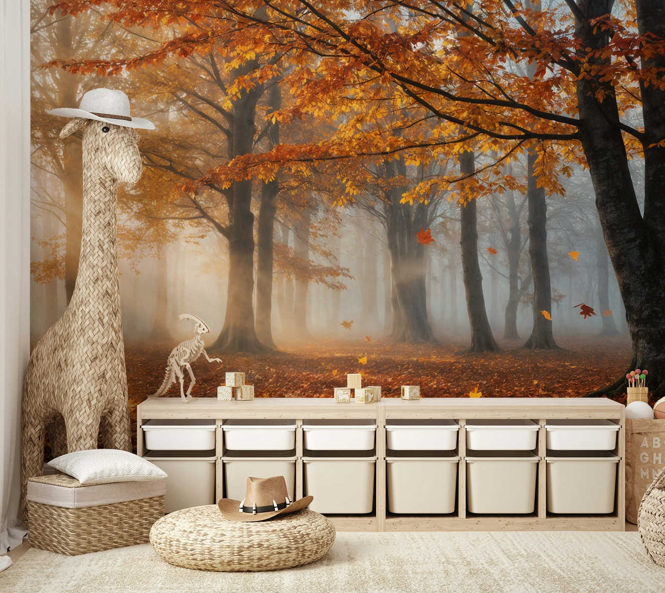 A peaceful wall mural of a quiet forest in autumn.

