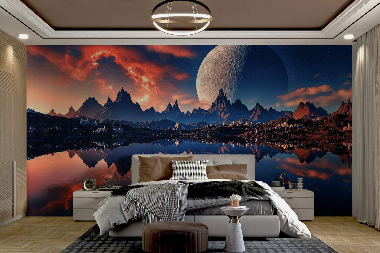 The design shows a landscape reflected perfectly in water or on a surface.

