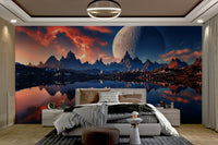 The design shows a landscape reflected perfectly in water or on a surface.

