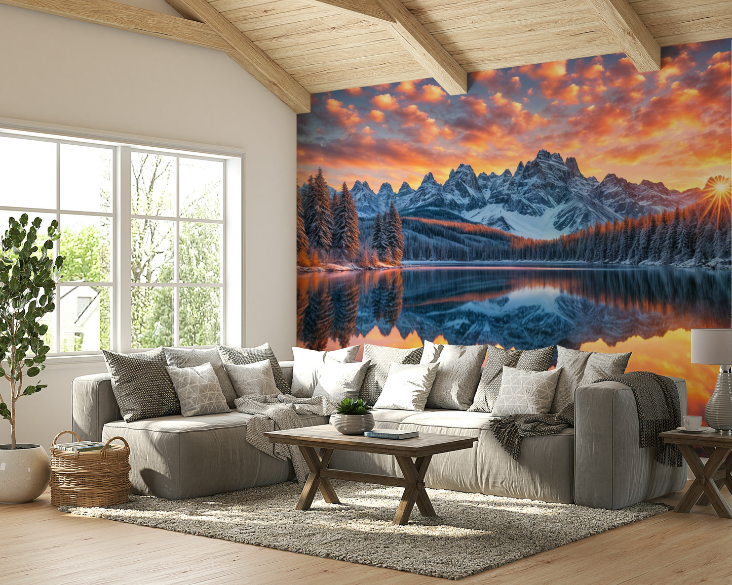 A peaceful wall mural with a winter landscape scene.

