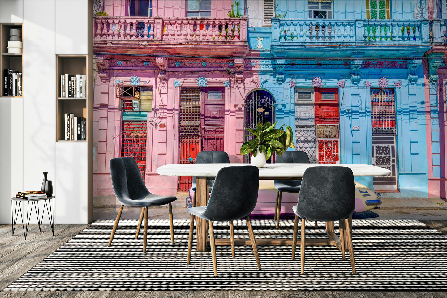 The street is lined with classic Cuban buildings.

