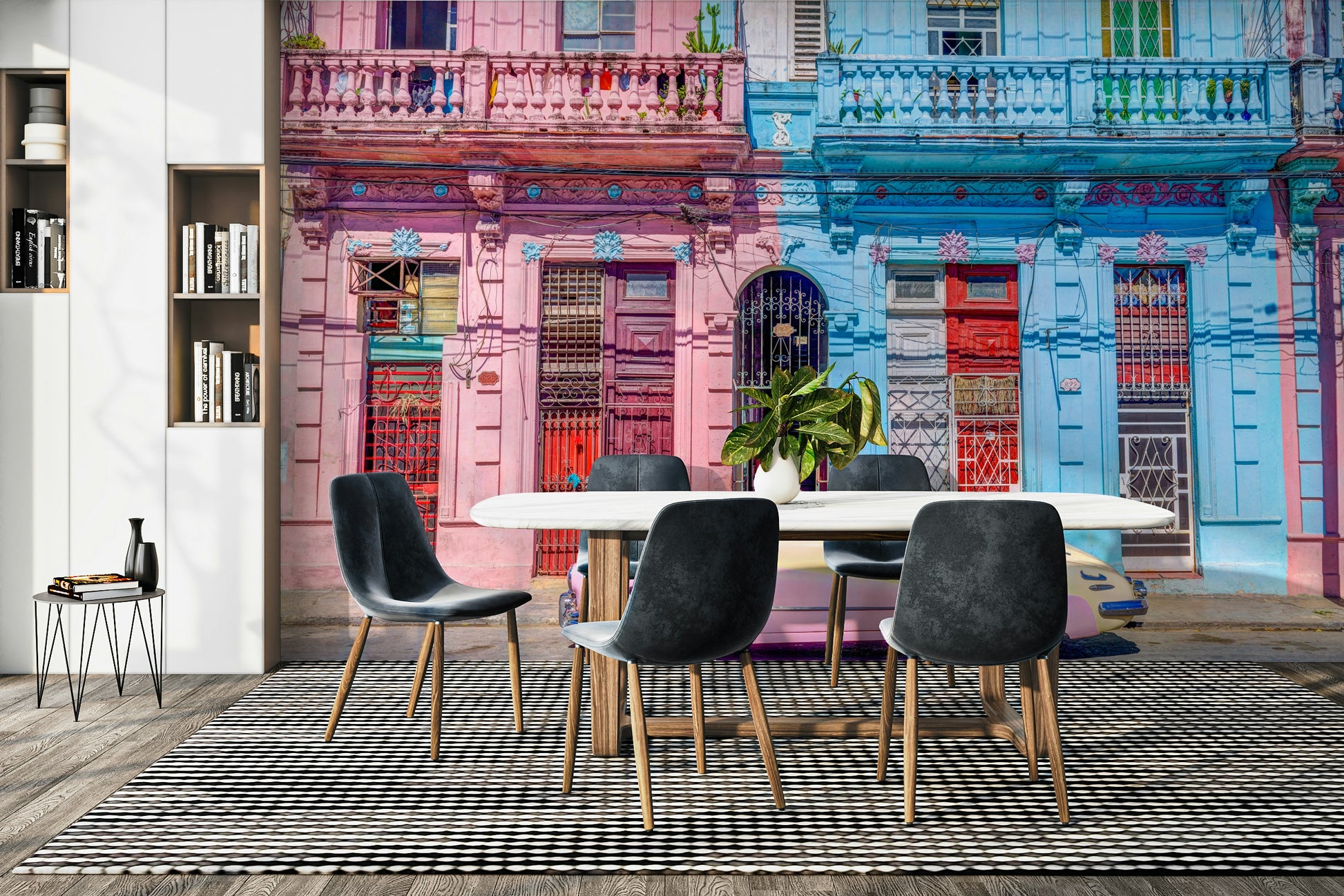The street is lined with classic Cuban buildings.

