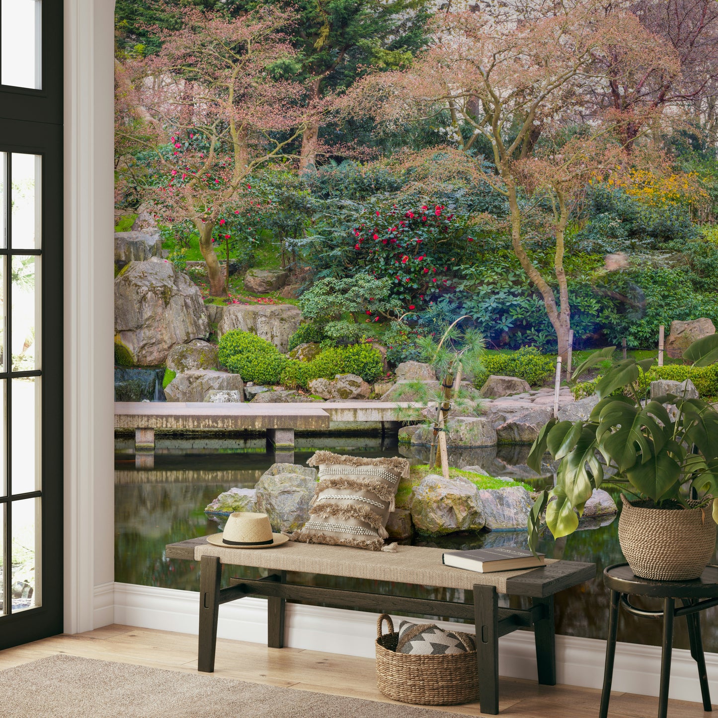 The trees and bushes are lush and green.

