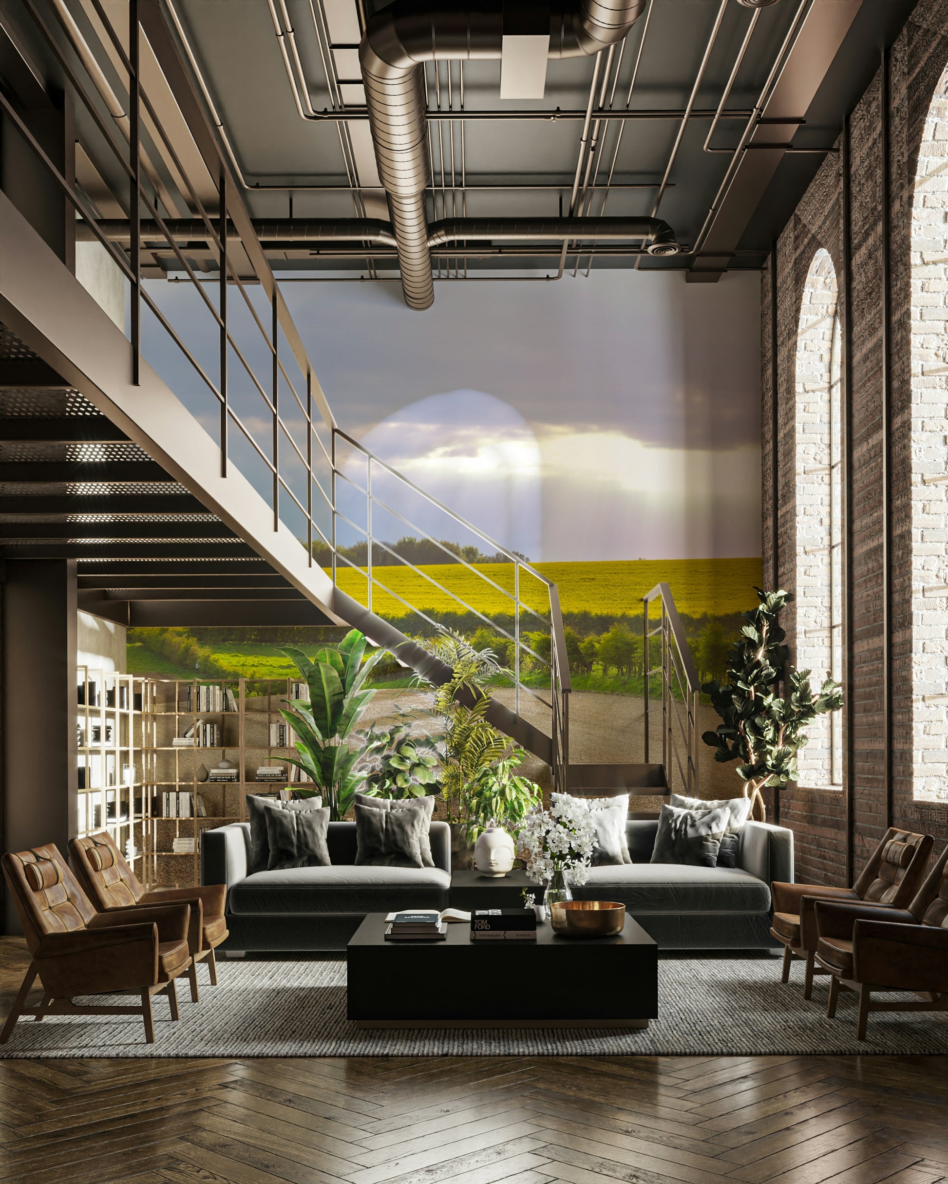 The sun is setting, casting a warm, golden glow on the fields.

