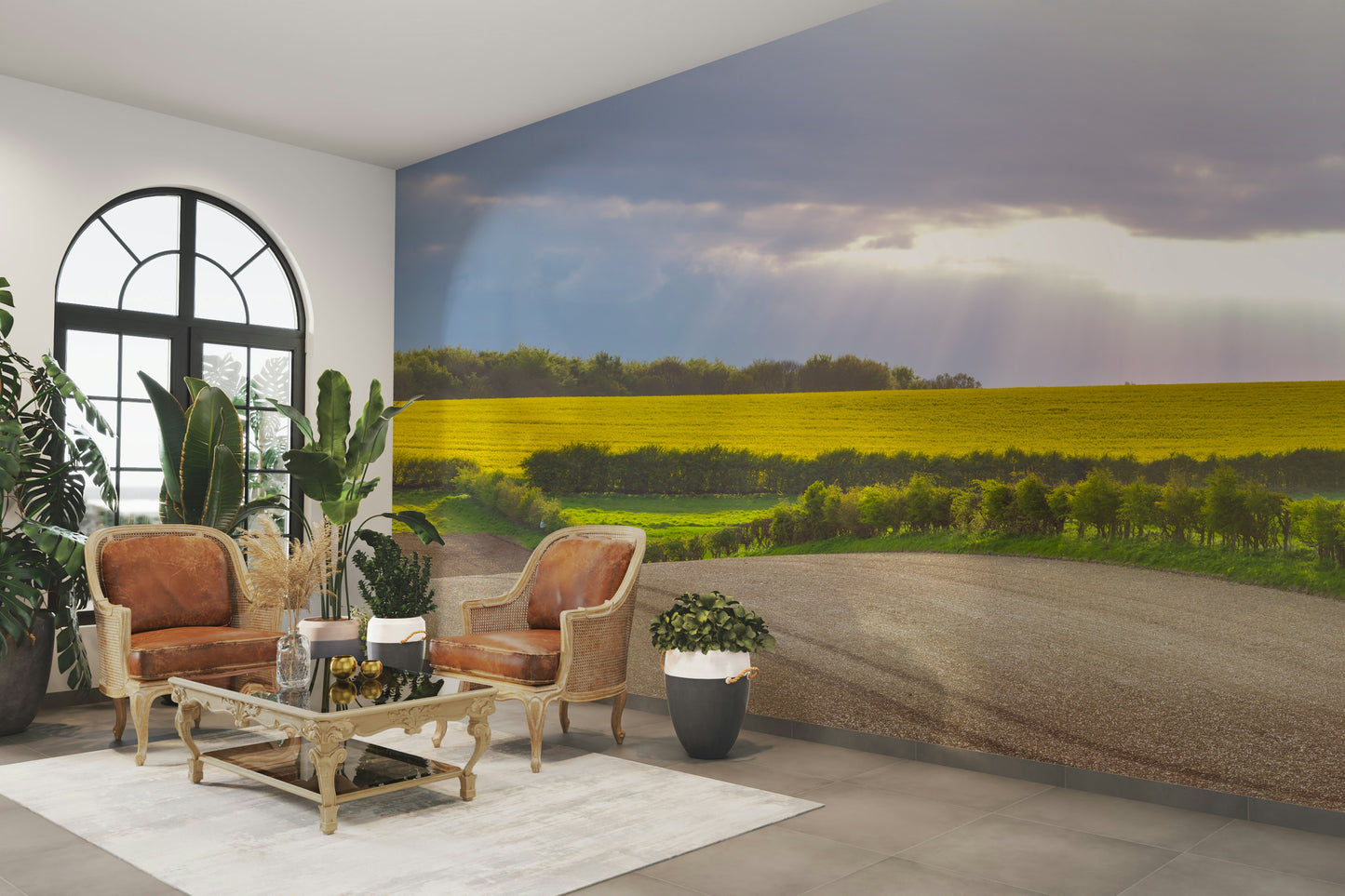 A peaceful wall mural with a field or farmland scene.

