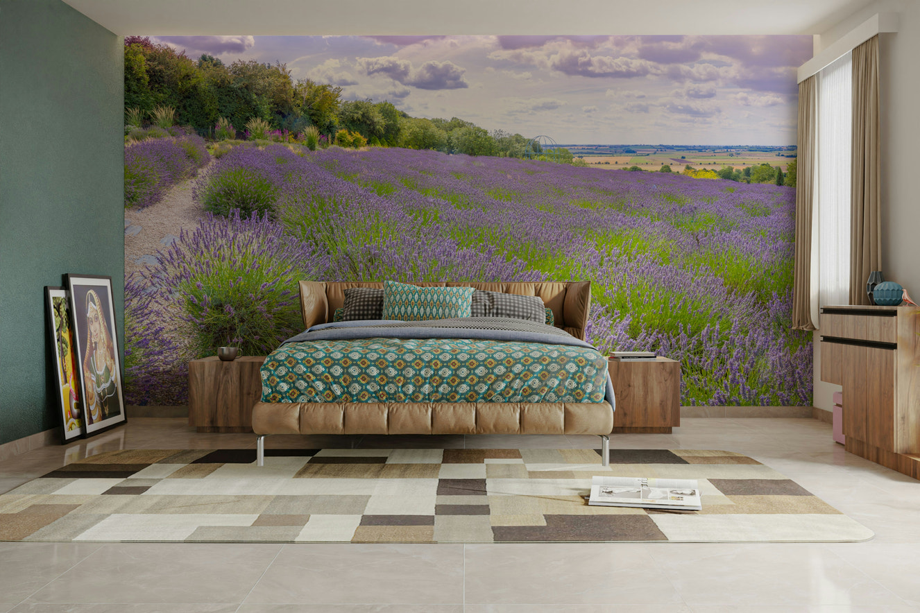 A peaceful wall mural with a field of lavender.

