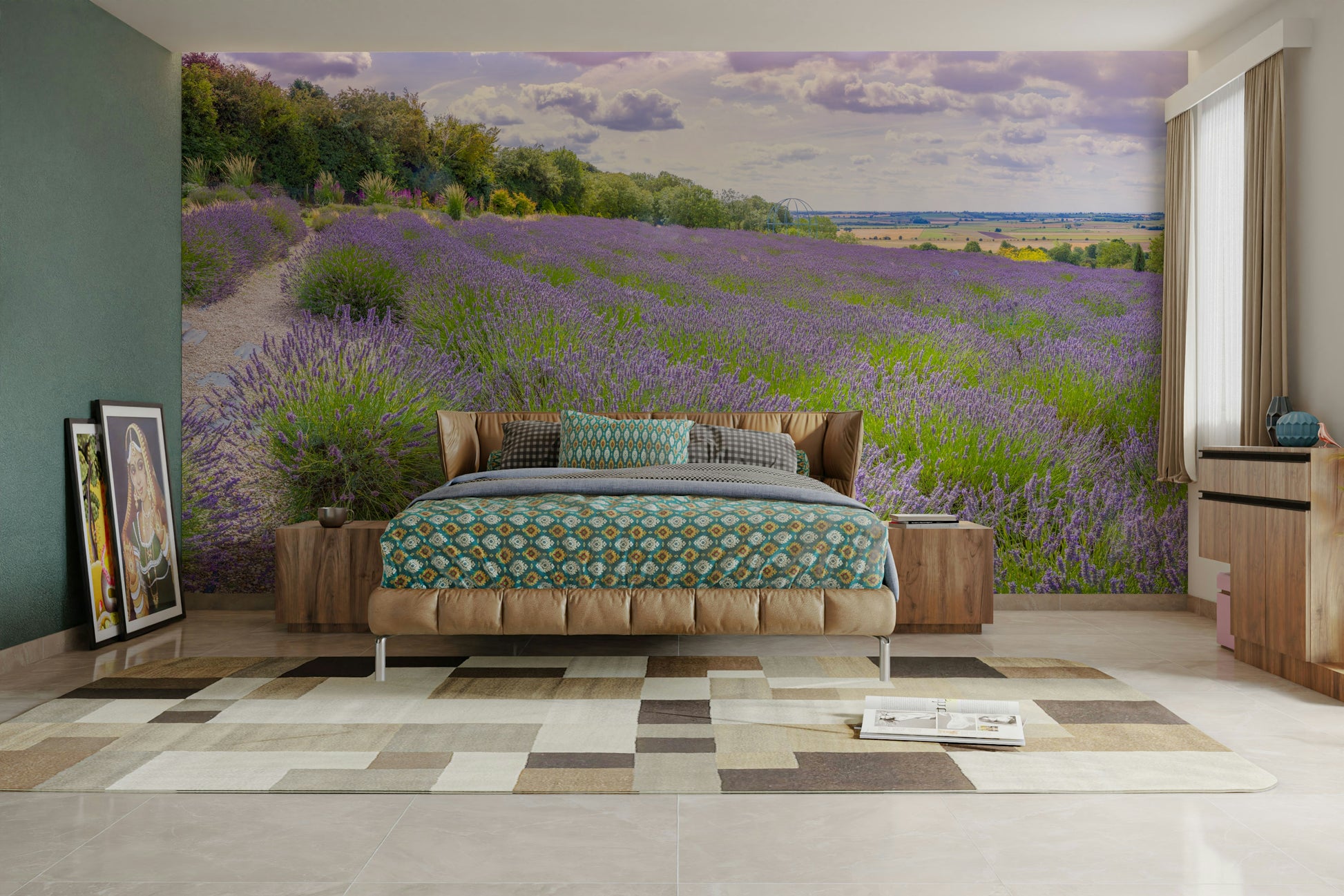 A peaceful wall mural with a field of lavender.

