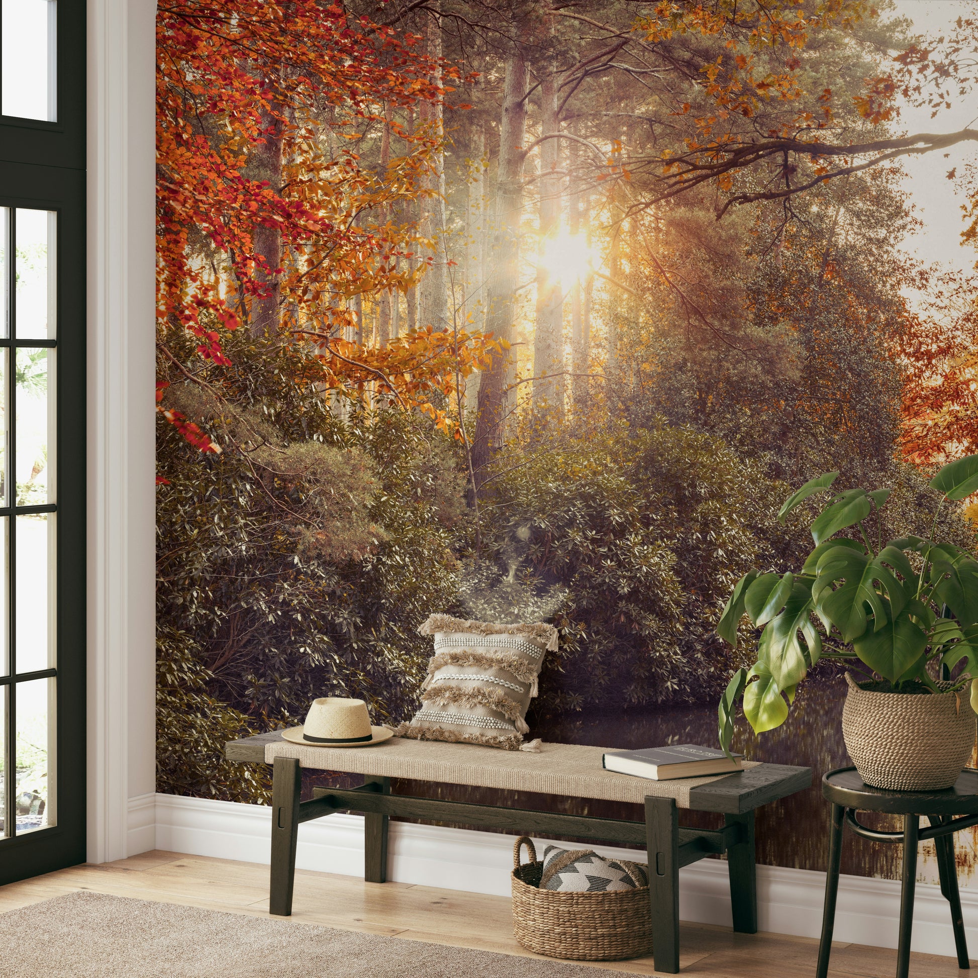 A minimalist interior with the gilded forest wallpaper.

