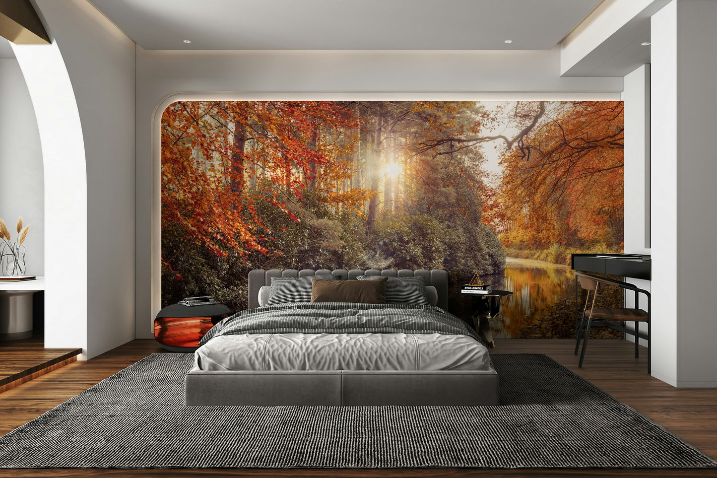 A living room featuring the gilded woods wall mural.

