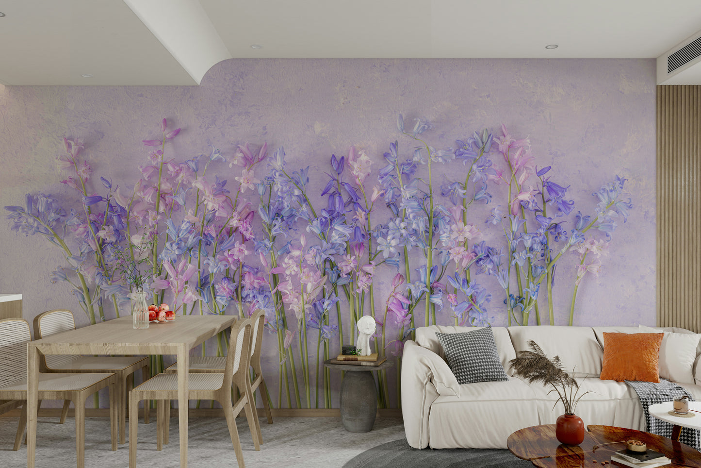 A minimalist interior with the bluebell-themed wallpaper.

