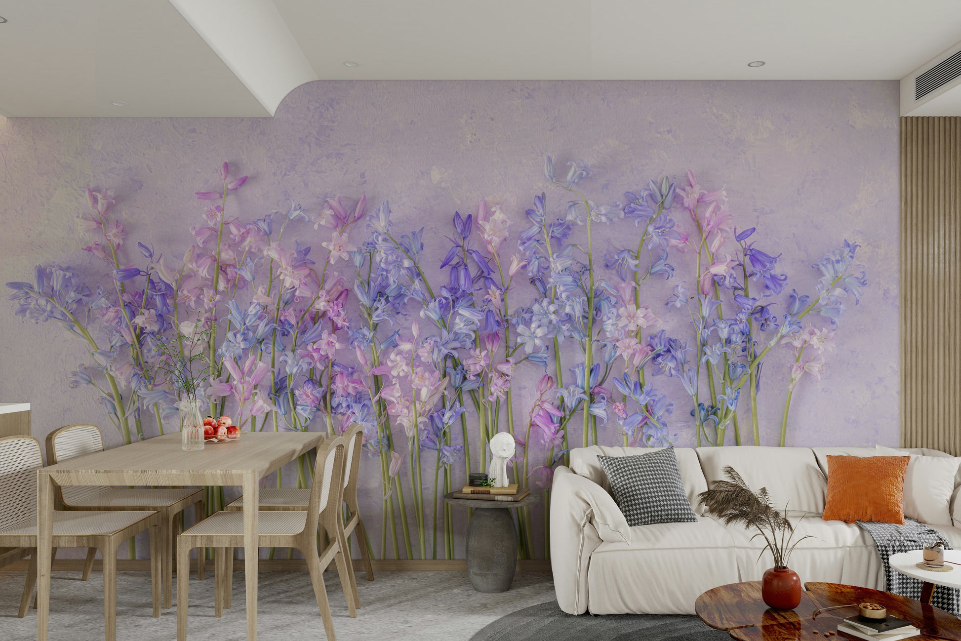 A minimalist interior with the bluebell-themed wallpaper.

