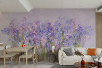 A minimalist interior with the bluebell-themed wallpaper.

