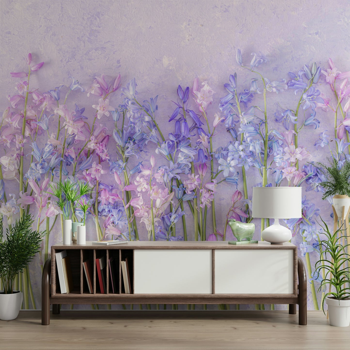 A living room featuring the bluebell dream wall mural.

