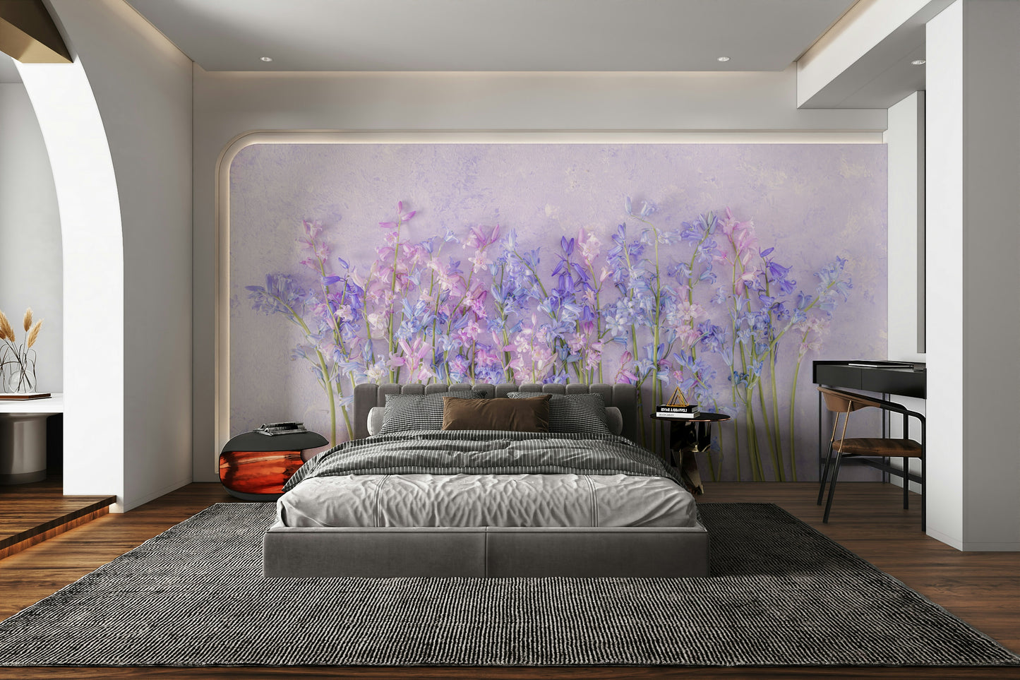 The wallpaper is used as a feature wall in a bedroom.

