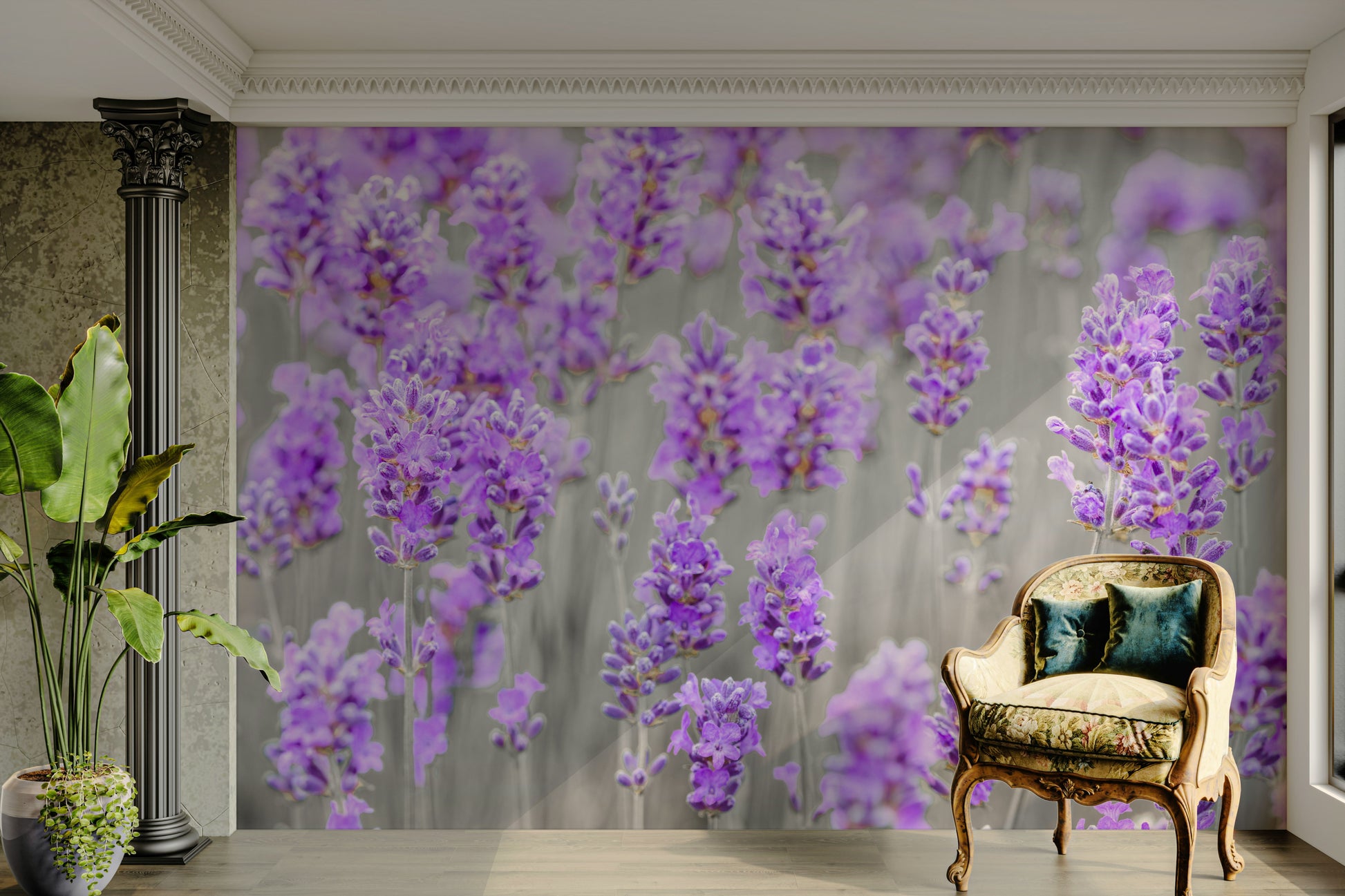 A living room featuring the lavender bloom wall mural.

