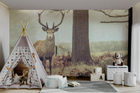 A living room featuring the lone stag wall mural.

