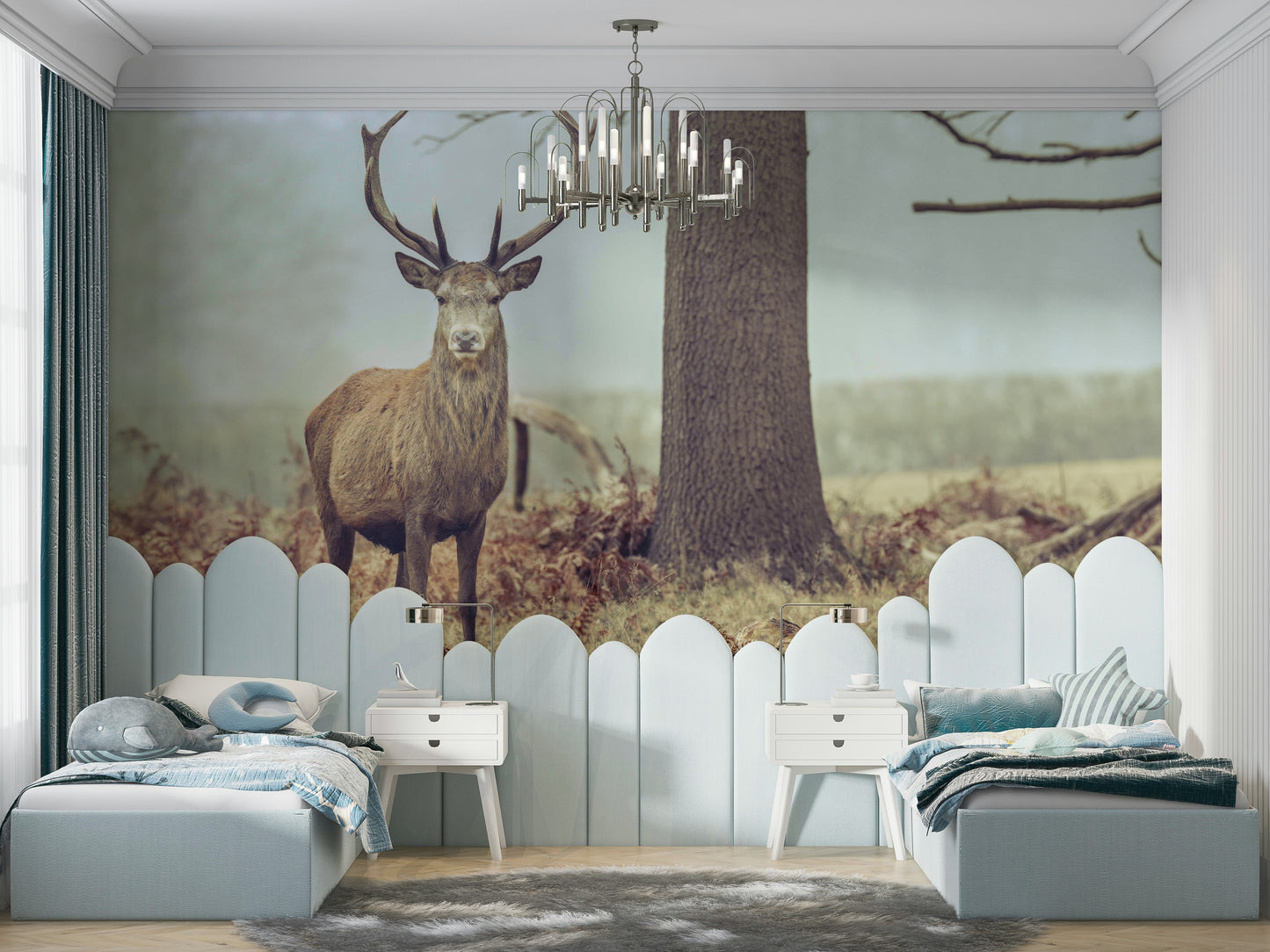 A close-up of the detailed texture in the deer's fur and antlers.

