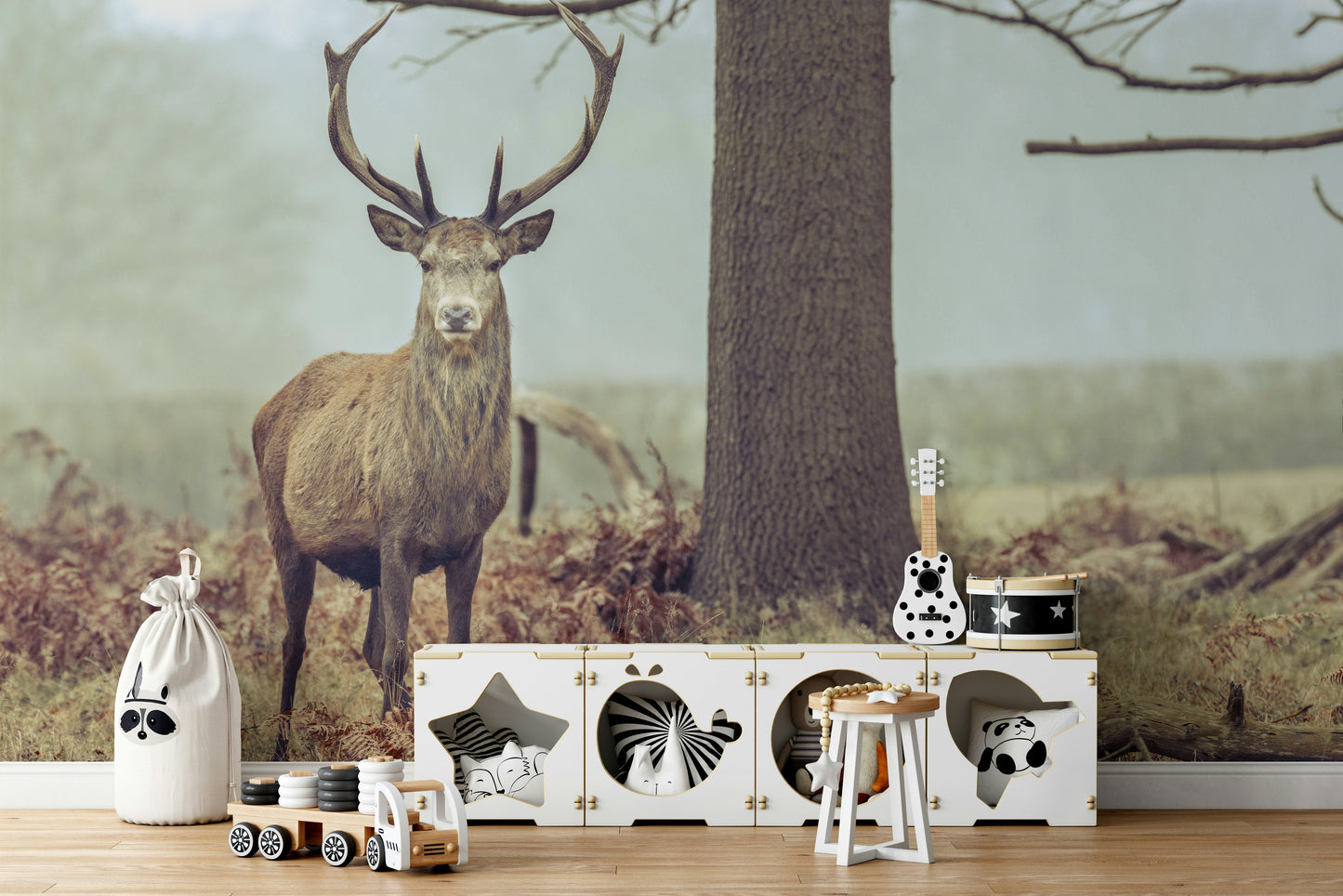 A minimalist interior with the forest-themed wallpaper.

