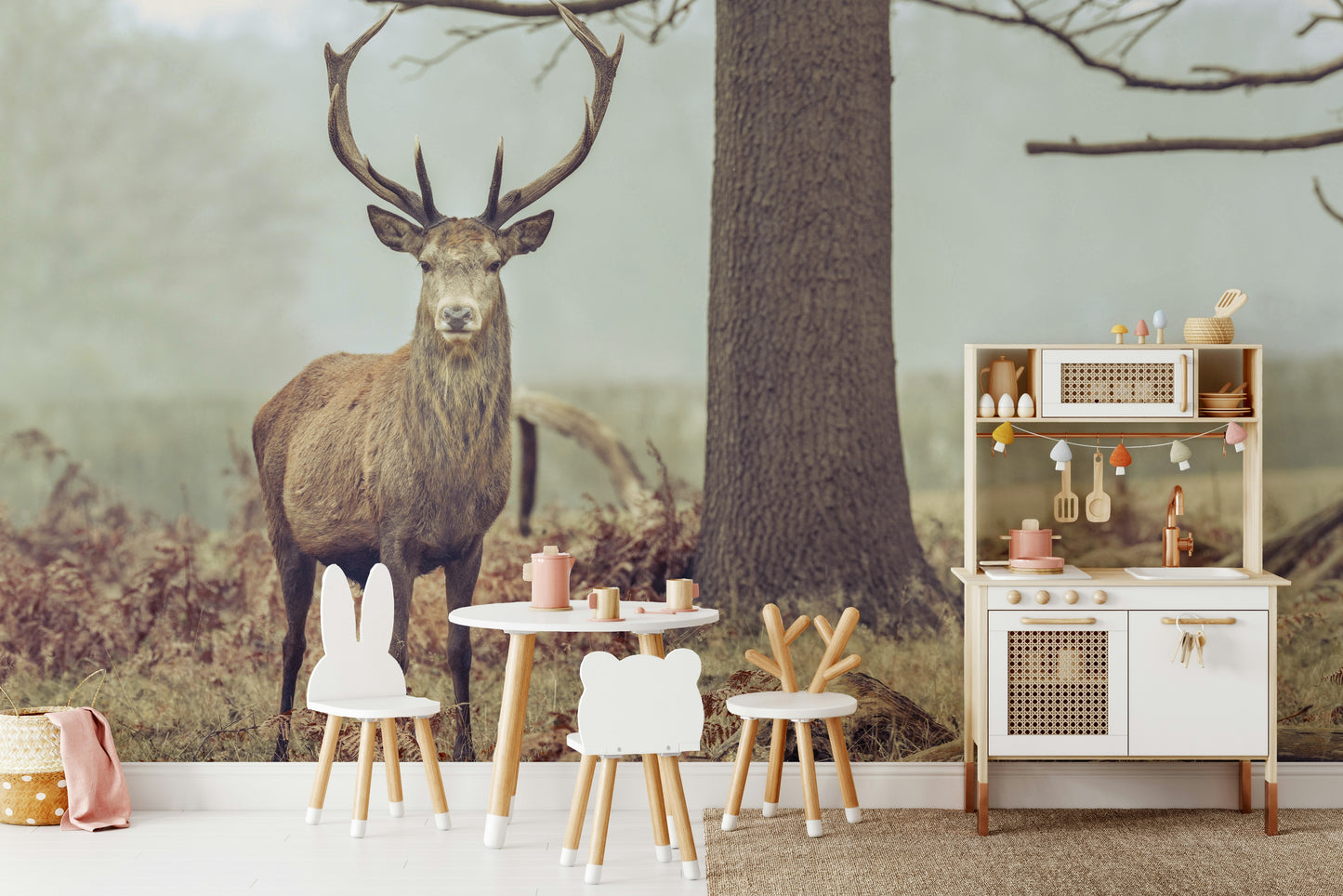 The wallpaper is used as a feature wall in a bedroom.

