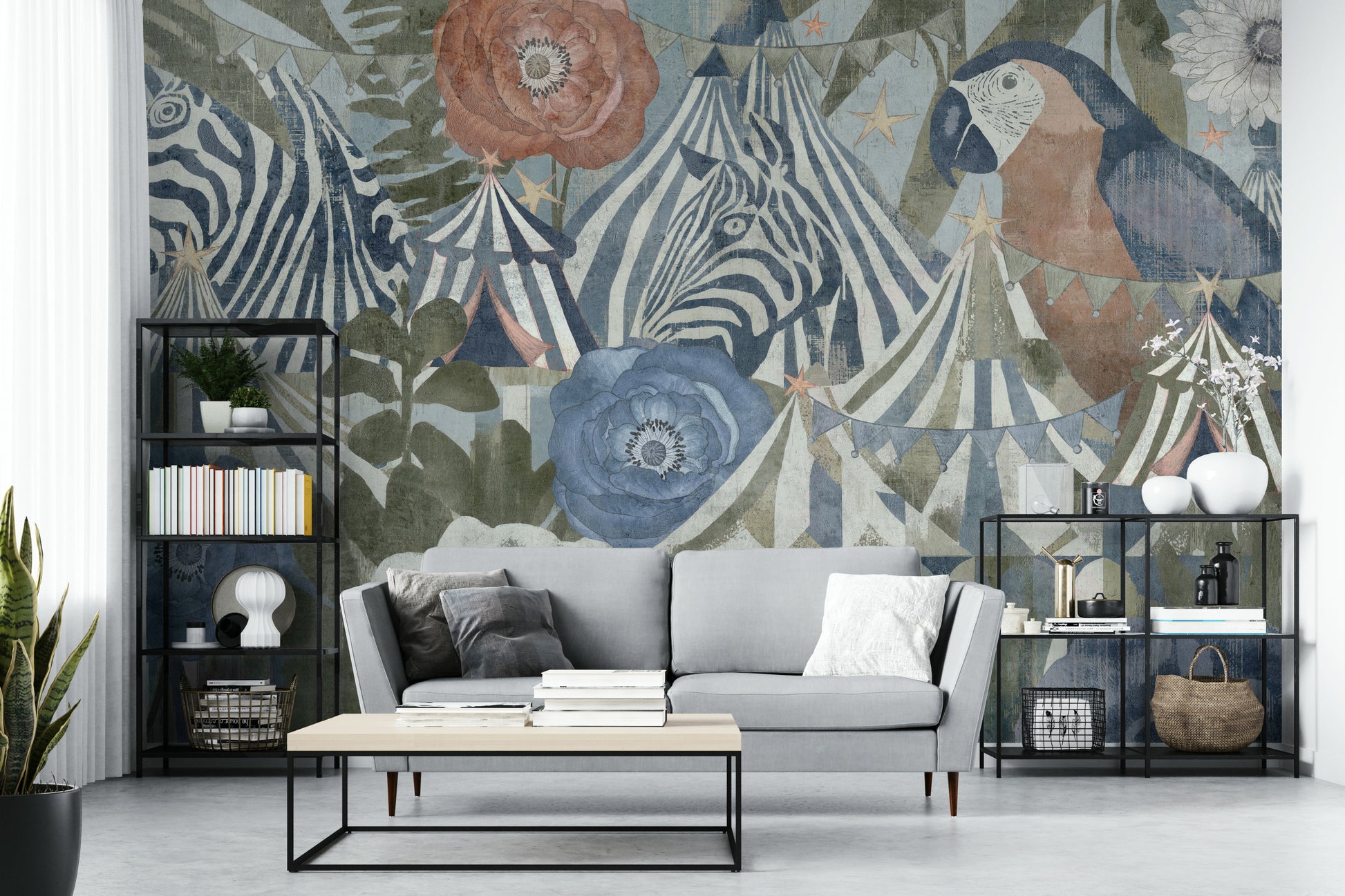 An angled shot of the mural's gentle color palette.

