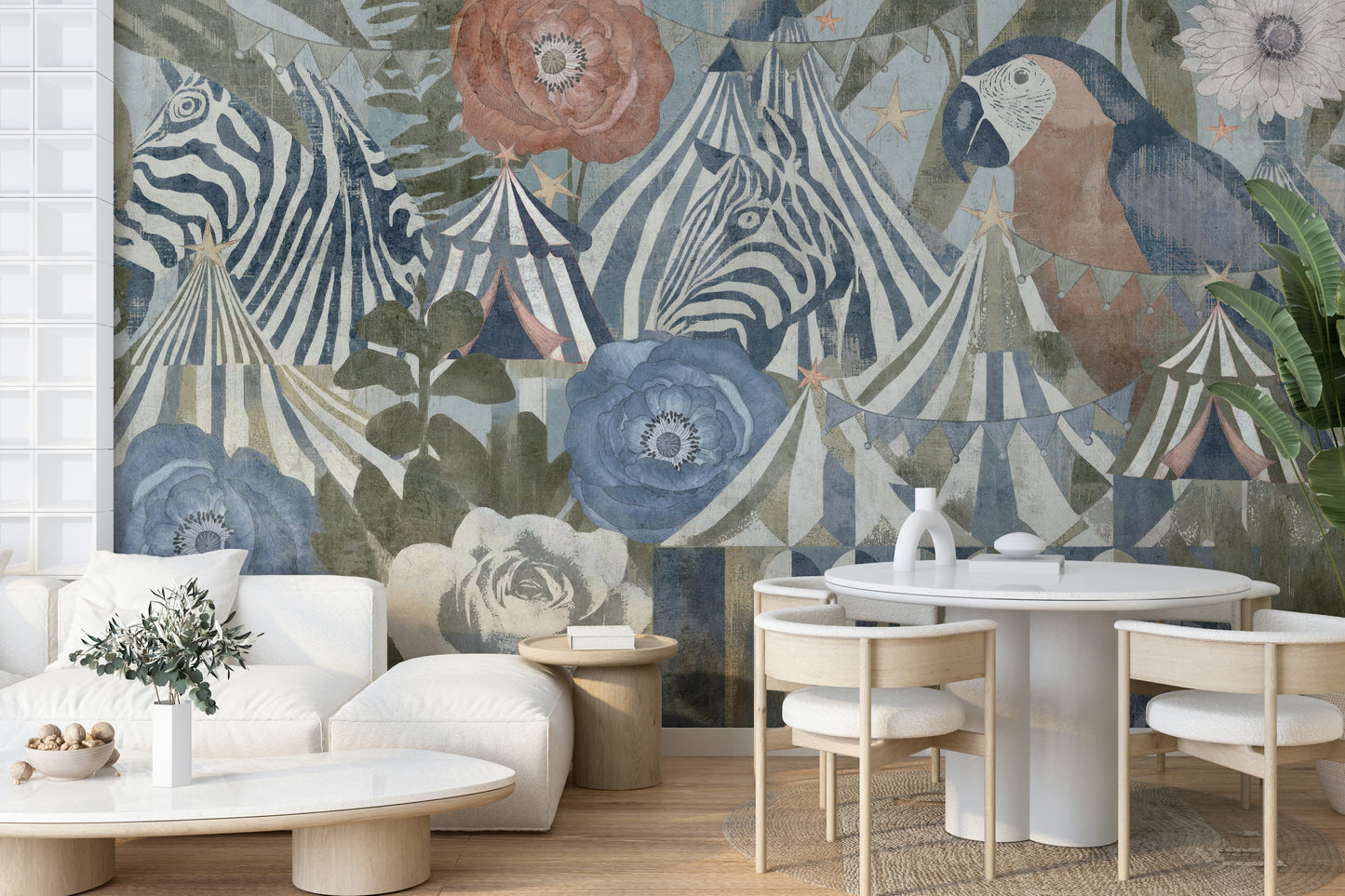 A living room featuring the circus flora wall mural.

