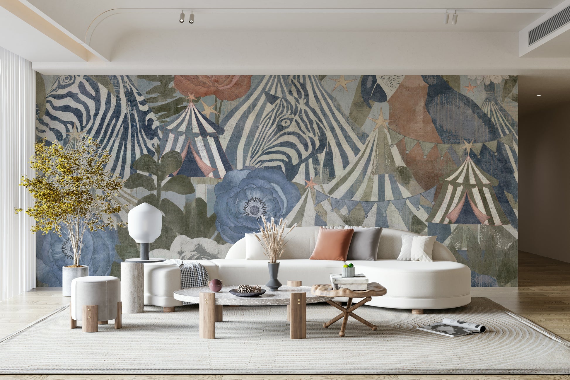 A beautiful, whimsical mural of a circus carnival with floral details.

