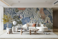 A beautiful, whimsical mural of a circus carnival with floral details.

