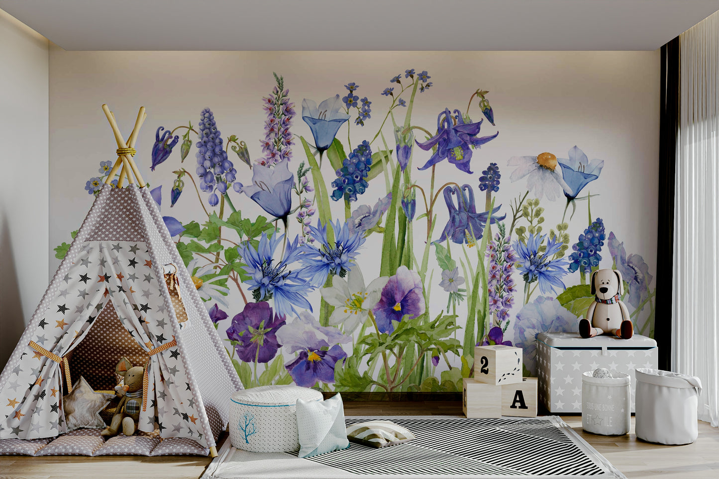 Blue Watercolor Wildflower Meadow  Wall Mural