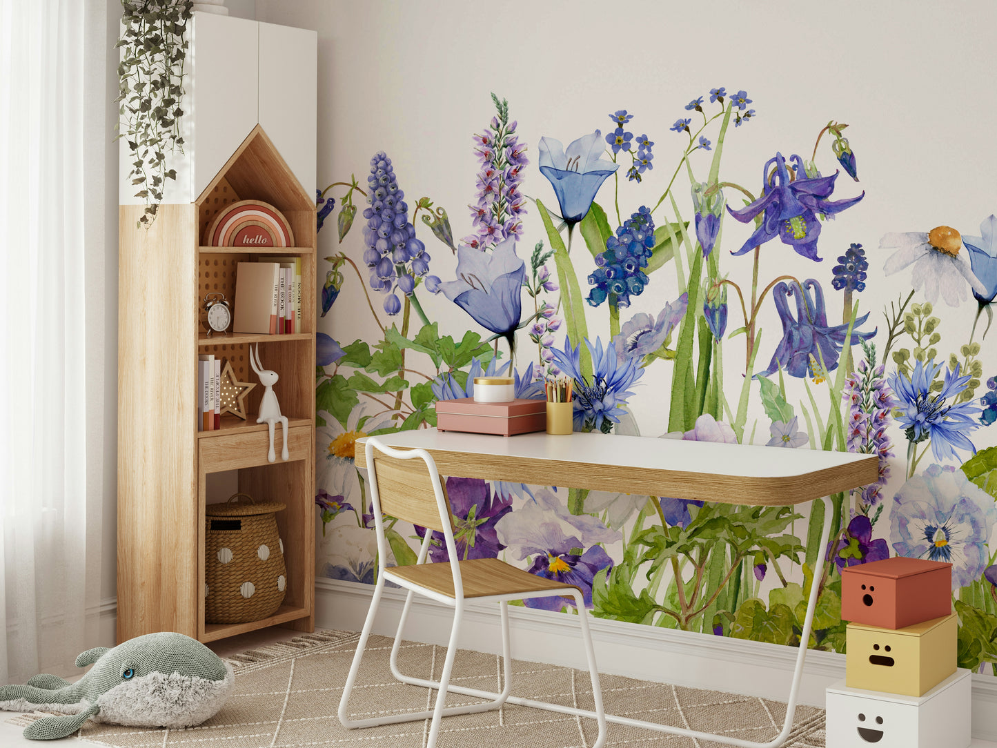 Blue Watercolor Wildflower Meadow  Wall Mural