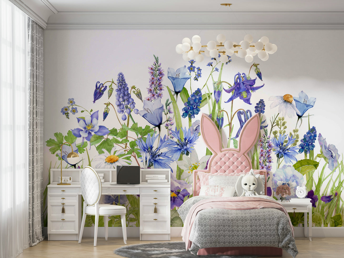 Blue Watercolor Wildflower Meadow  Wall Mural