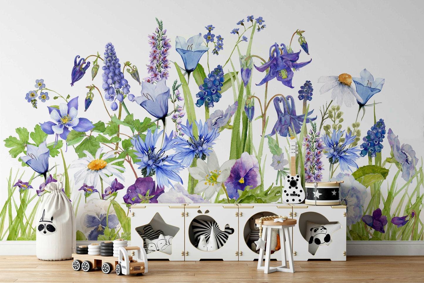 Blue Watercolor Wildflower Meadow  Wall Mural