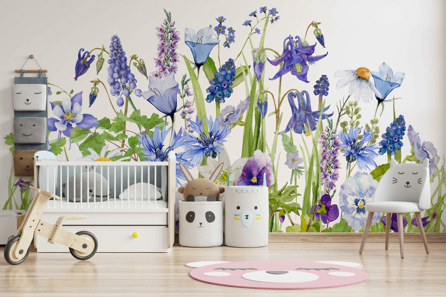 Blue Watercolor Wildflower Meadow  Wall Mural