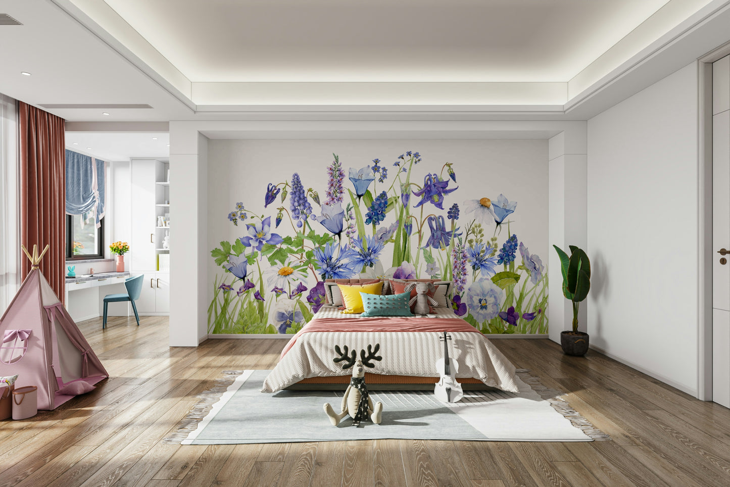 Blue Watercolor Wildflower Meadow  Wall Mural