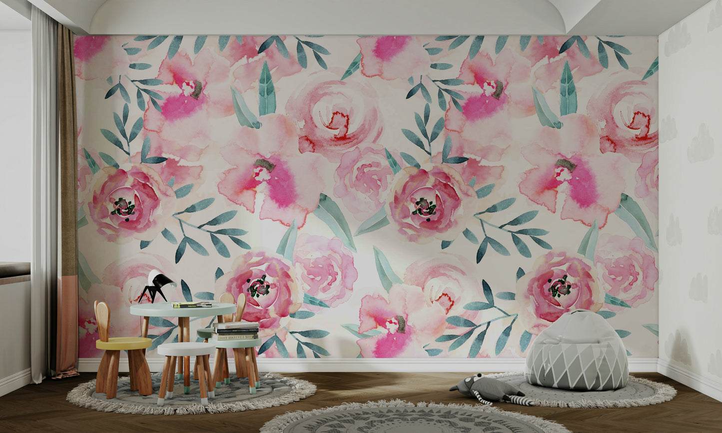 Rosy Watercolor Blooms Wall Mural