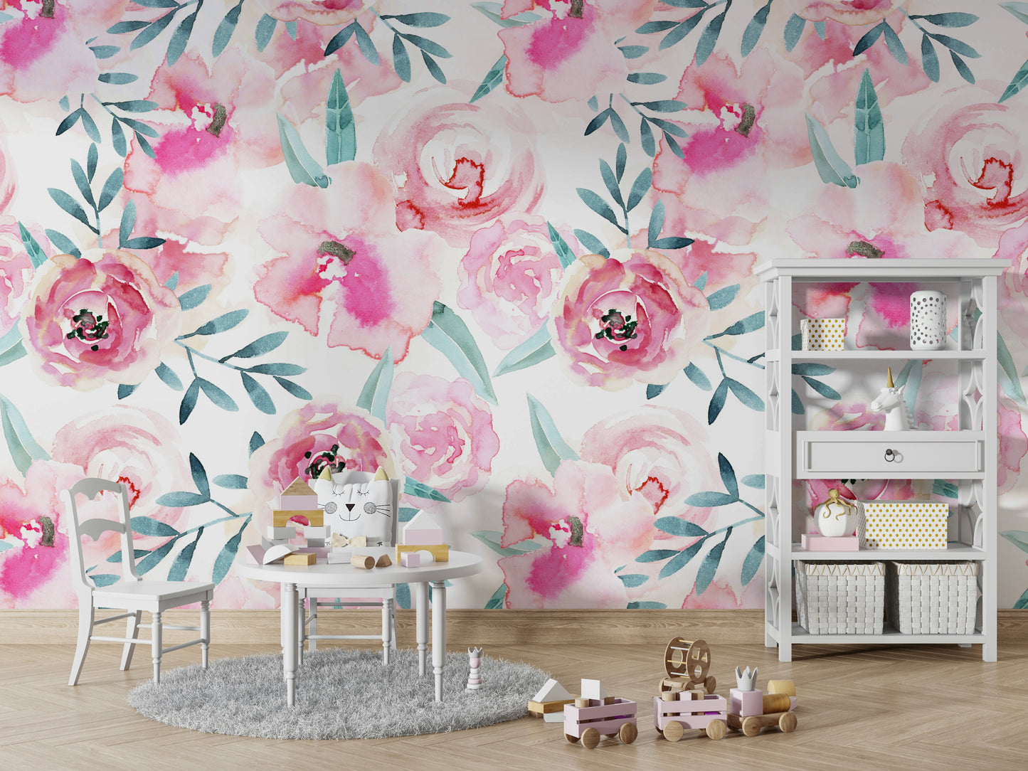 Rosy Watercolor Blooms Wall Mural