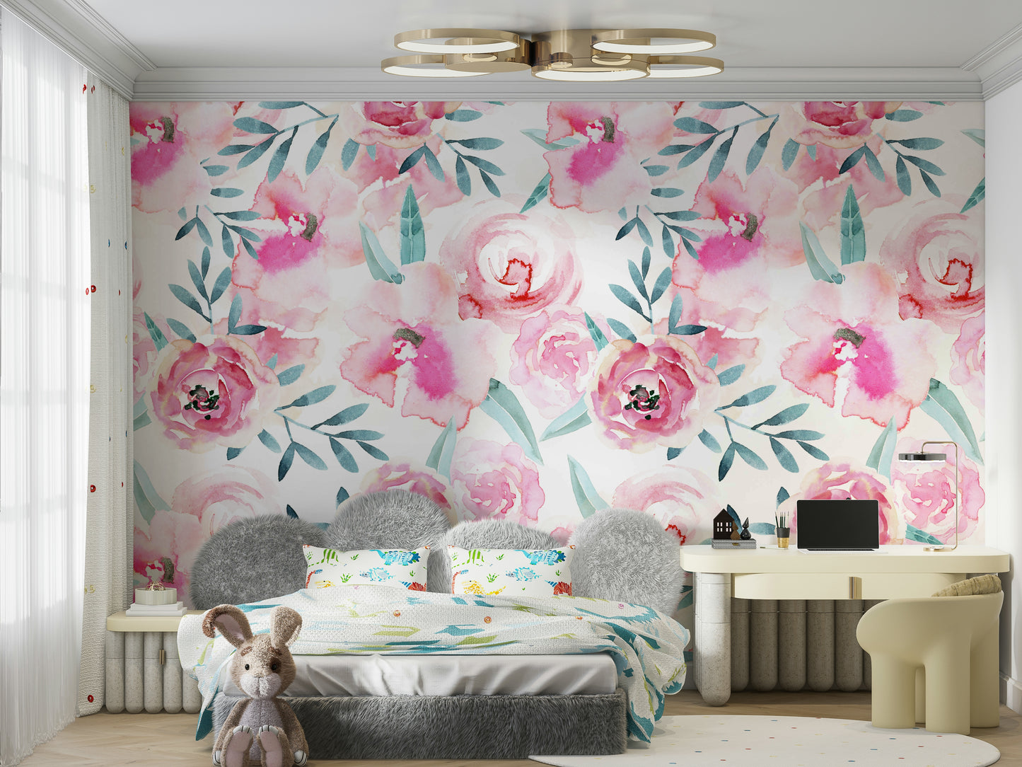 Rosy Watercolor Blooms Wall Mural