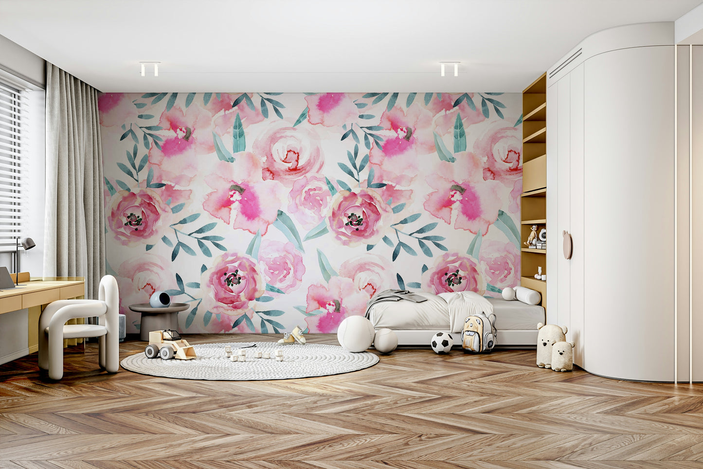 Rosy Watercolor Blooms Wall Mural