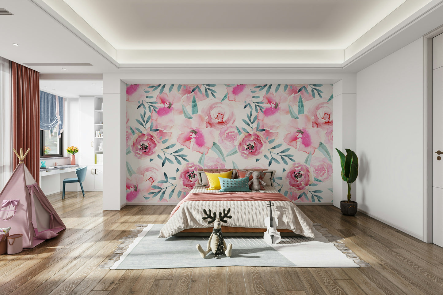 Rosy Watercolor Blooms Wall Mural