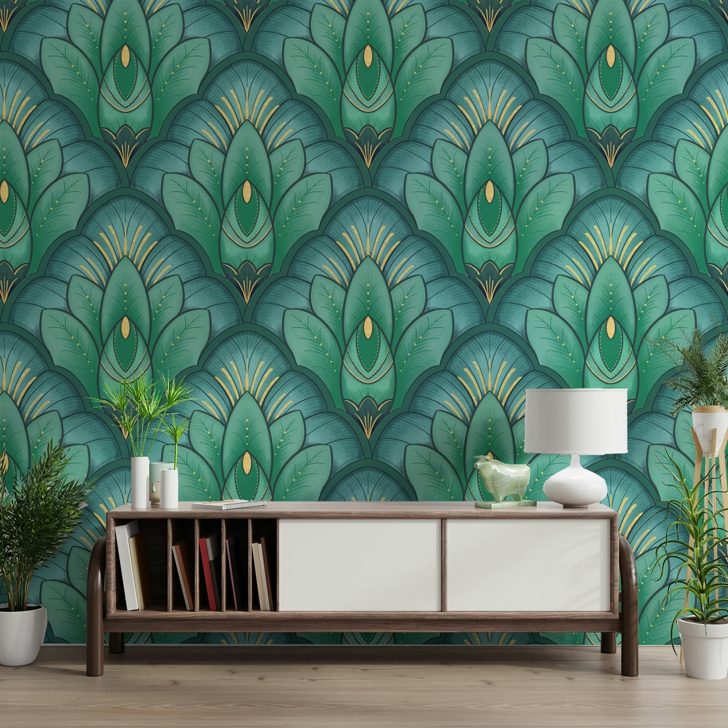 Art Deco Emerald Lotus Wallpaper⁠