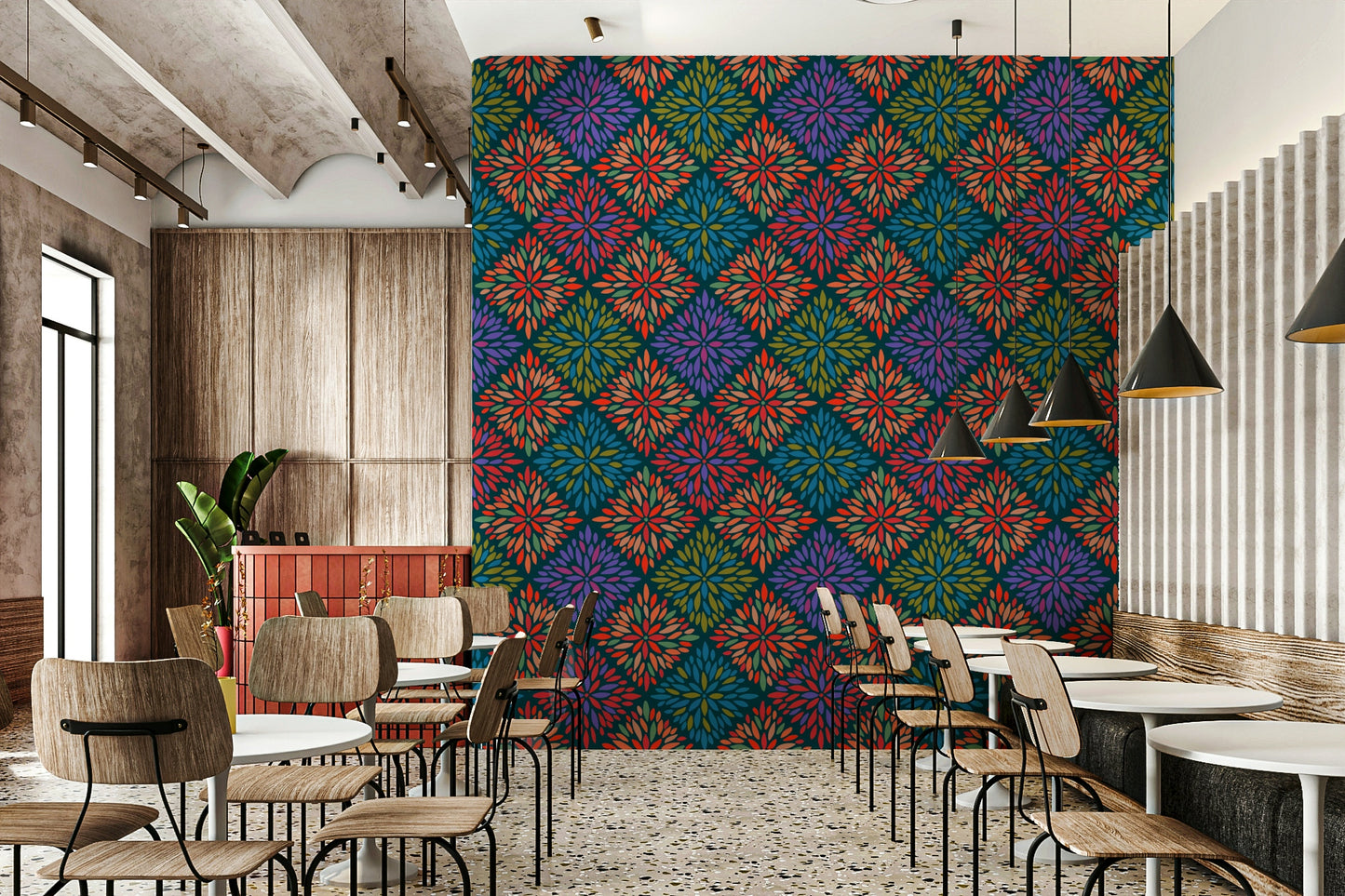 Dahlia Diamonds Bohemian Floral Damask Tiles Bright Jewel Tones on Dark Teal  Wallpaper⁠
